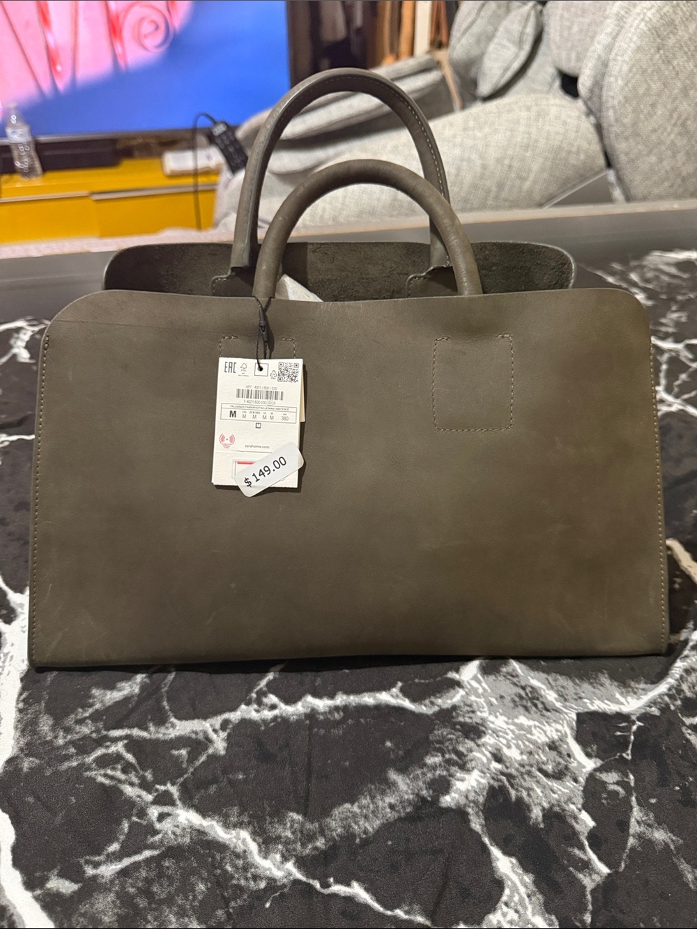 Zara Olive Green Structured Leather Tote